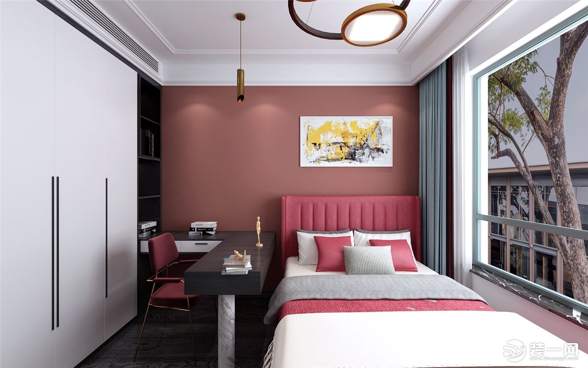 4.棕色皮质的床、灰色的木地板搭配拼色设计的衣柜，沉稳大气，局部以橙色作为空间的亮色，增添一丝活泼感