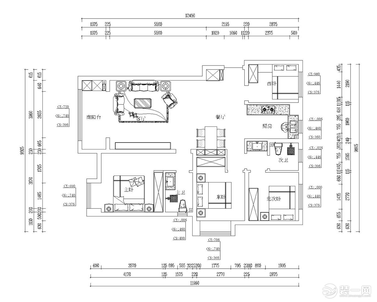 三室两卫两厅的平面户型案例
