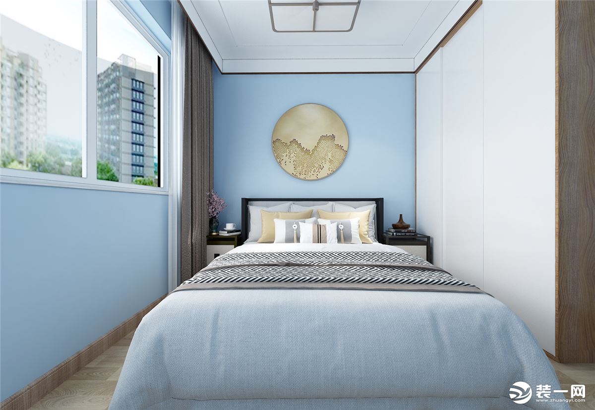 设计延续了素净的色调，背景墙采用蓝色调，增加了空间的亮色，仿佛置身于蓝色天空之中，也适合休息的场所。