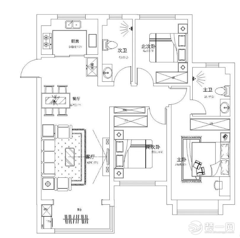 3室兩衛(wèi)兩廳的平面戶型案例