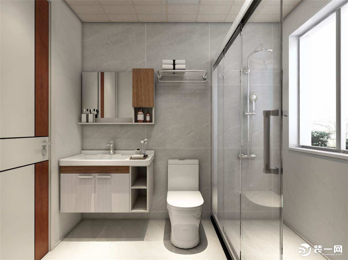 灰色墙砖突显出了整个空间的高级感，银色框边淋浴房，搭配白色时尚浴室柜，突显出高档的生活品质。