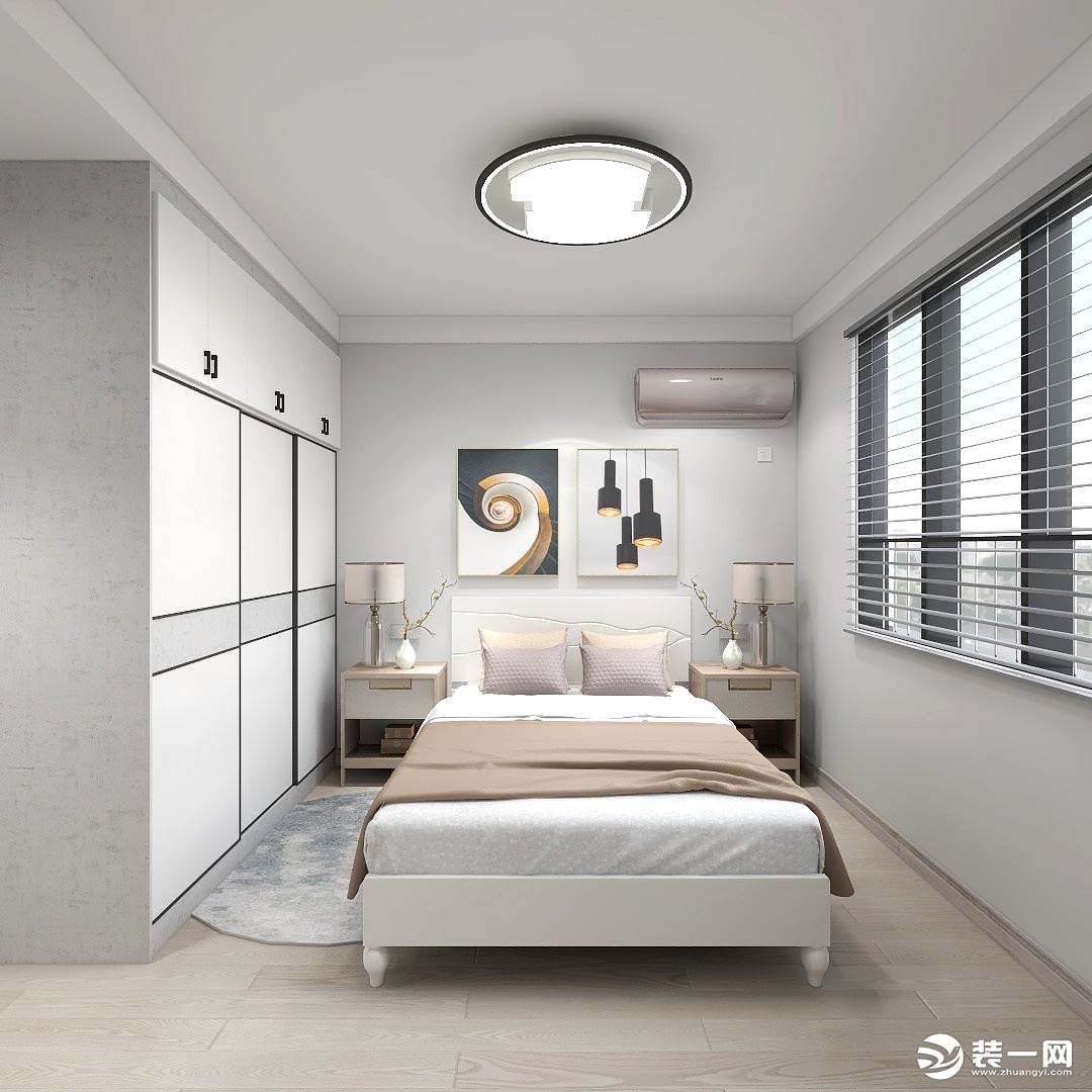 卧室整体采用白色调，地板搭配暖色调，两者相结合。让房间看起来明亮、大方，居住起来也很温馨。