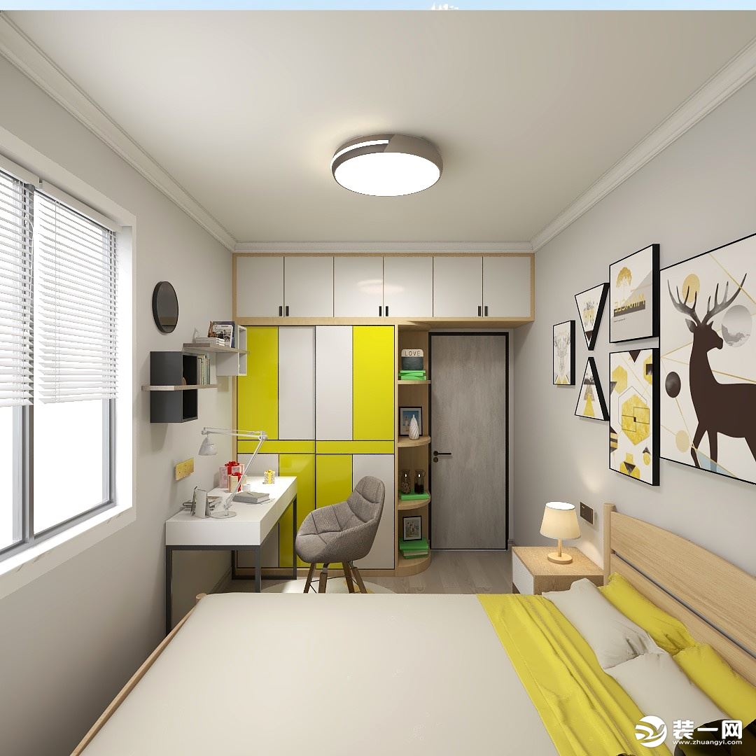 次卧是孩子的房子，整体的颜色搭配比较跳跃，在暖白的空间搭配上黄色调的设计，也感受到活泼的气息。