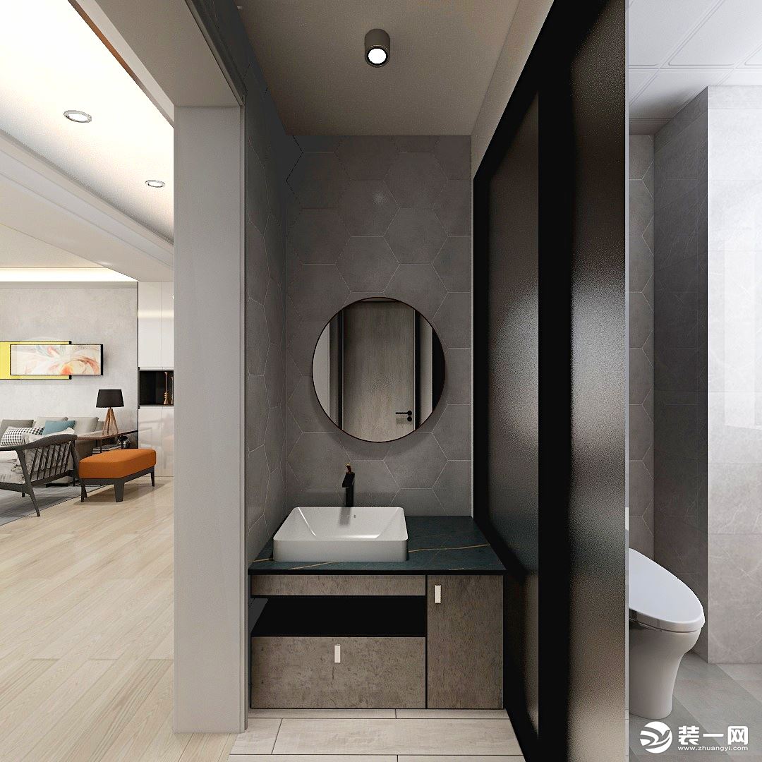 卫生间面积挺大，洗手台放置在外面，合理利用了空间，卫生间采用灰色调，每个区域合理规划，使用起来也方便