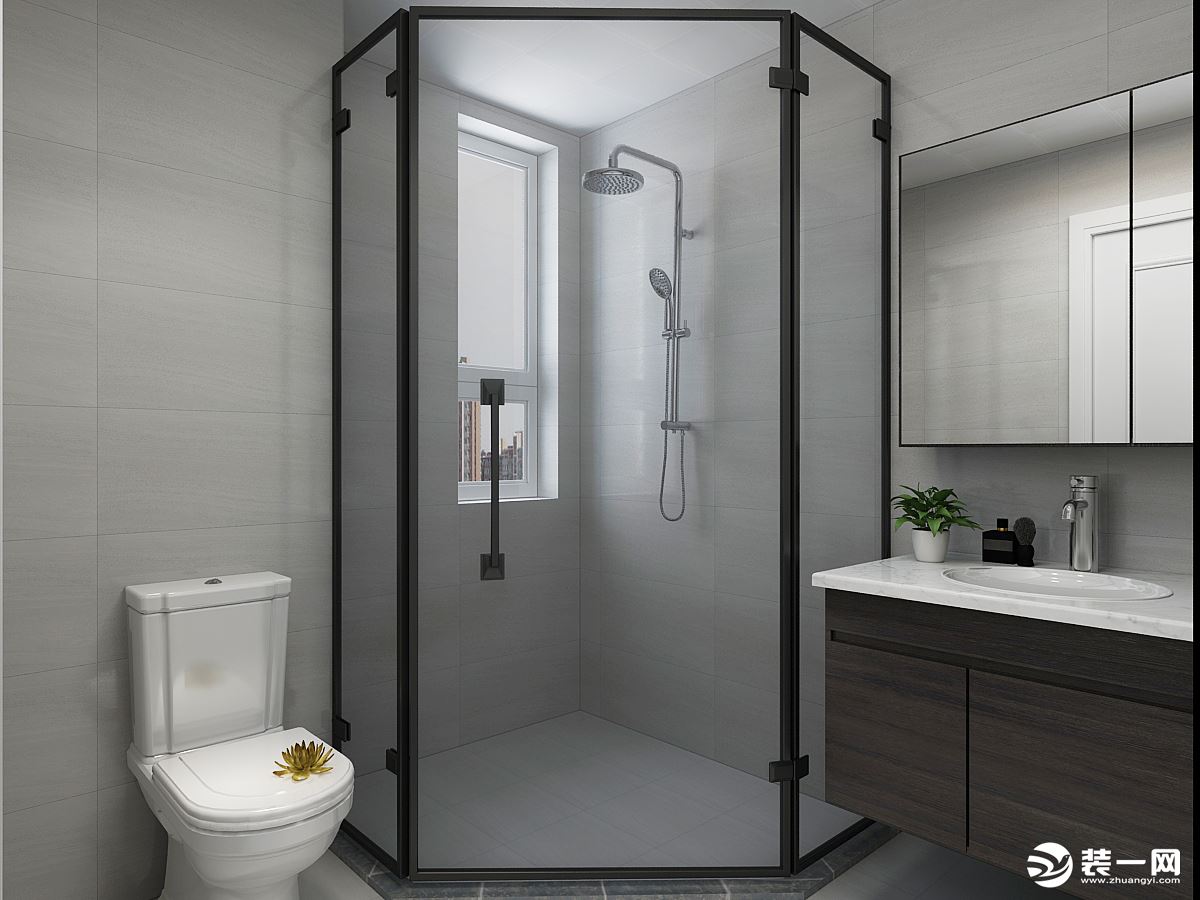 卫生间墙砖灰色系通铺，显得空间更大一些，搭配深色的浴室柜木纹，更凸显质感，设计了淋浴房，方便清理。