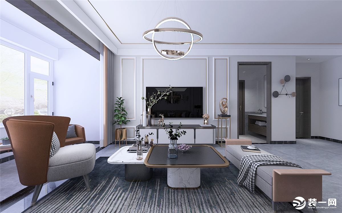 地面的装修，选择灰色大板瓷砖来装饰，使得整个客厅简约舒适中透露着轻奢的感觉。