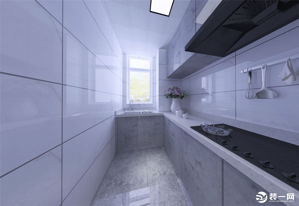 墙地面砖采用亮色釉面砖，增加整个空间的亮度，橱柜选用灰色亮面平板门，暗藏式把手，更加好清理卫生。
