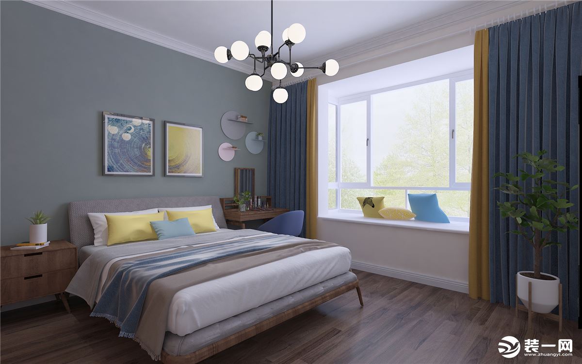 蓝绿色背景墙搭配原木色家具营造出温馨舒适的氛围，长线吊灯让卧室的北欧风格更加明显。