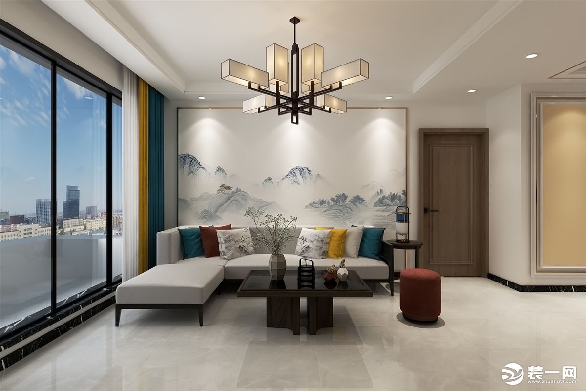 客户喜欢新中式风格，但是又不太喜欢过于复杂的造型，所以沙发背景墙选的简单大气的山水画作为装饰。