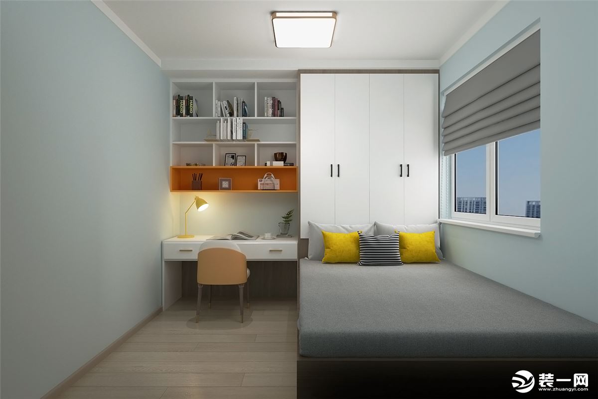 男孩房空间设计成浅蓝色调，营造出一种轻盈的氛围，设计榻榻米，使原本不大的卧室拥有了充足的储物空间。