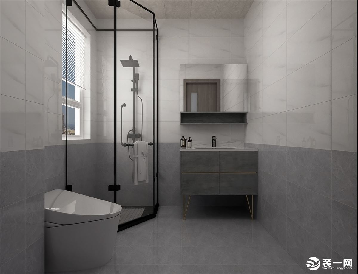卫生墙砖采用浅灰色墙砖与白砖想结合的铺贴方式，视觉冲击力效果更强，搭配黑色淋浴房使空间更加时尚大气。