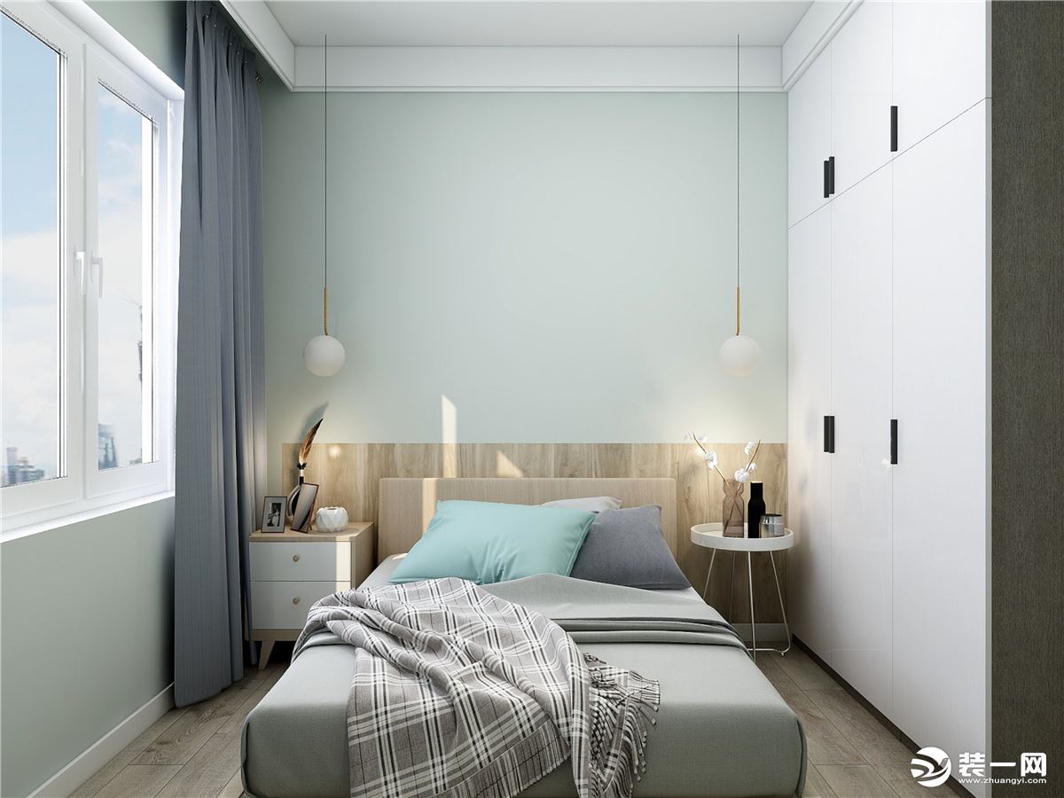 客卧墙体采用当下流行的浅绿色，整体给人非常小清新的感觉，让客人在入睡时有一种非常舒适的感觉。