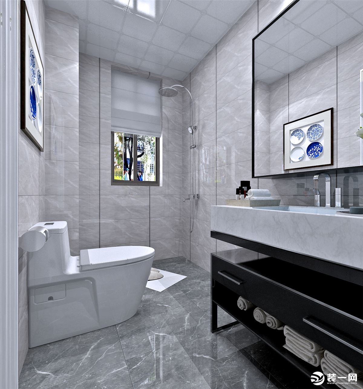 白色淡纹墙砖使卫生间更加明亮，不显压抑，同时在功能设计上也满足更多的利用空间。