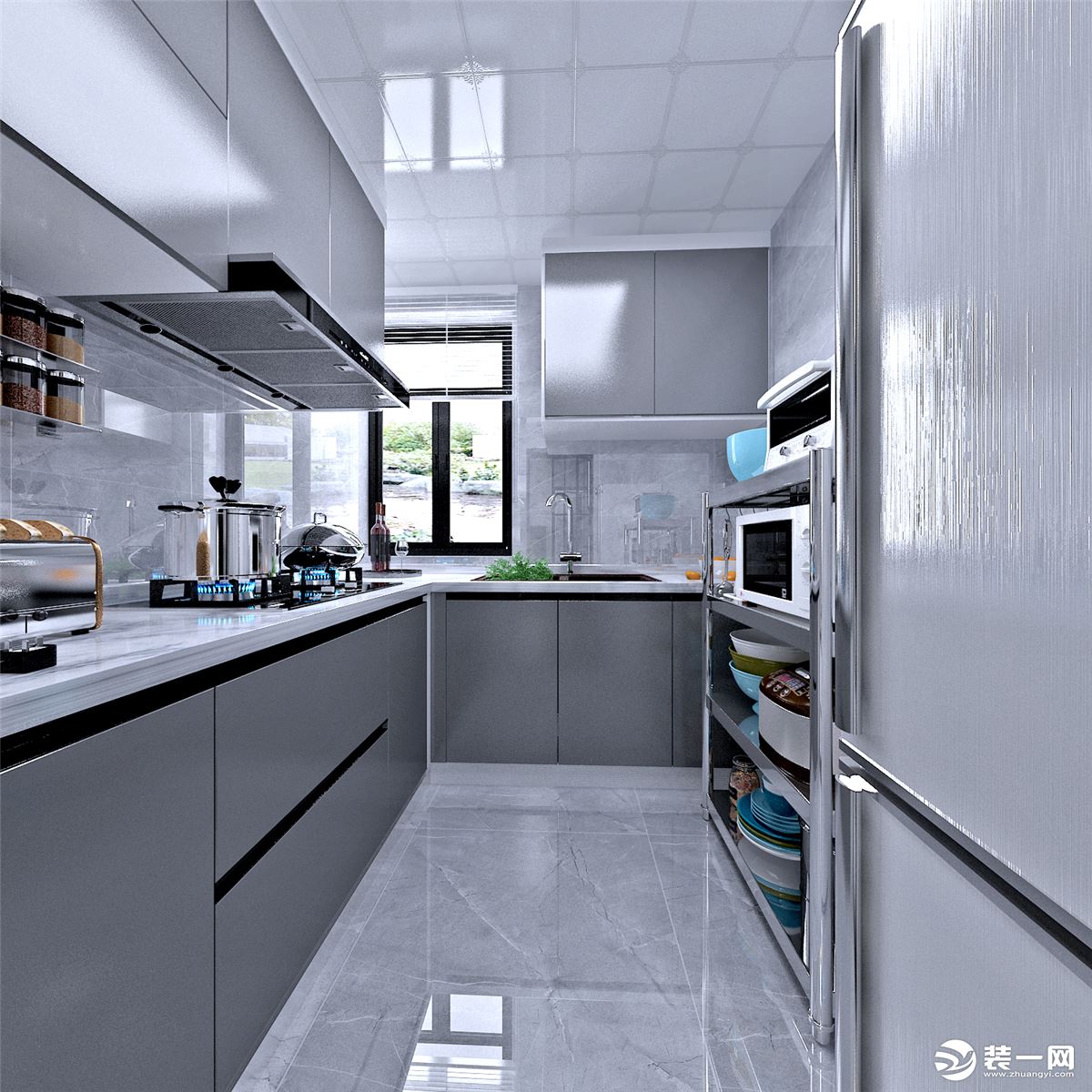 厨房L型的设计，最大化利用空间，增加储物，整体灰色的搭配，彰显的厨房的个性设计。