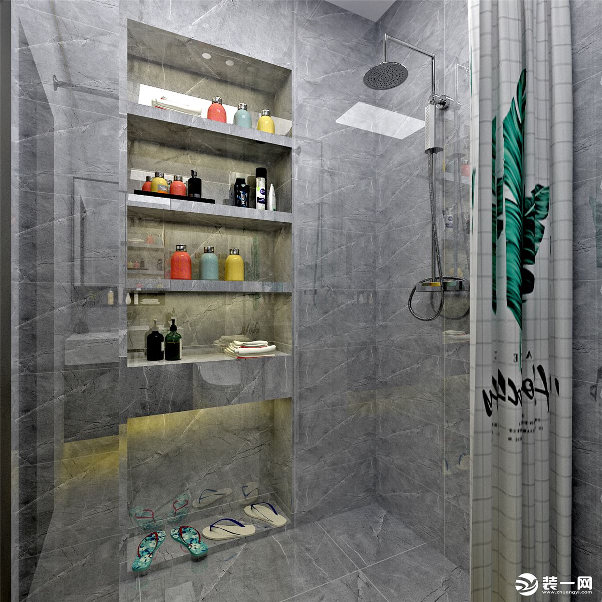白色淡纹墙砖使卫生间更加明亮，不显压抑，同时在功能设计上也满足更多的利用空间。