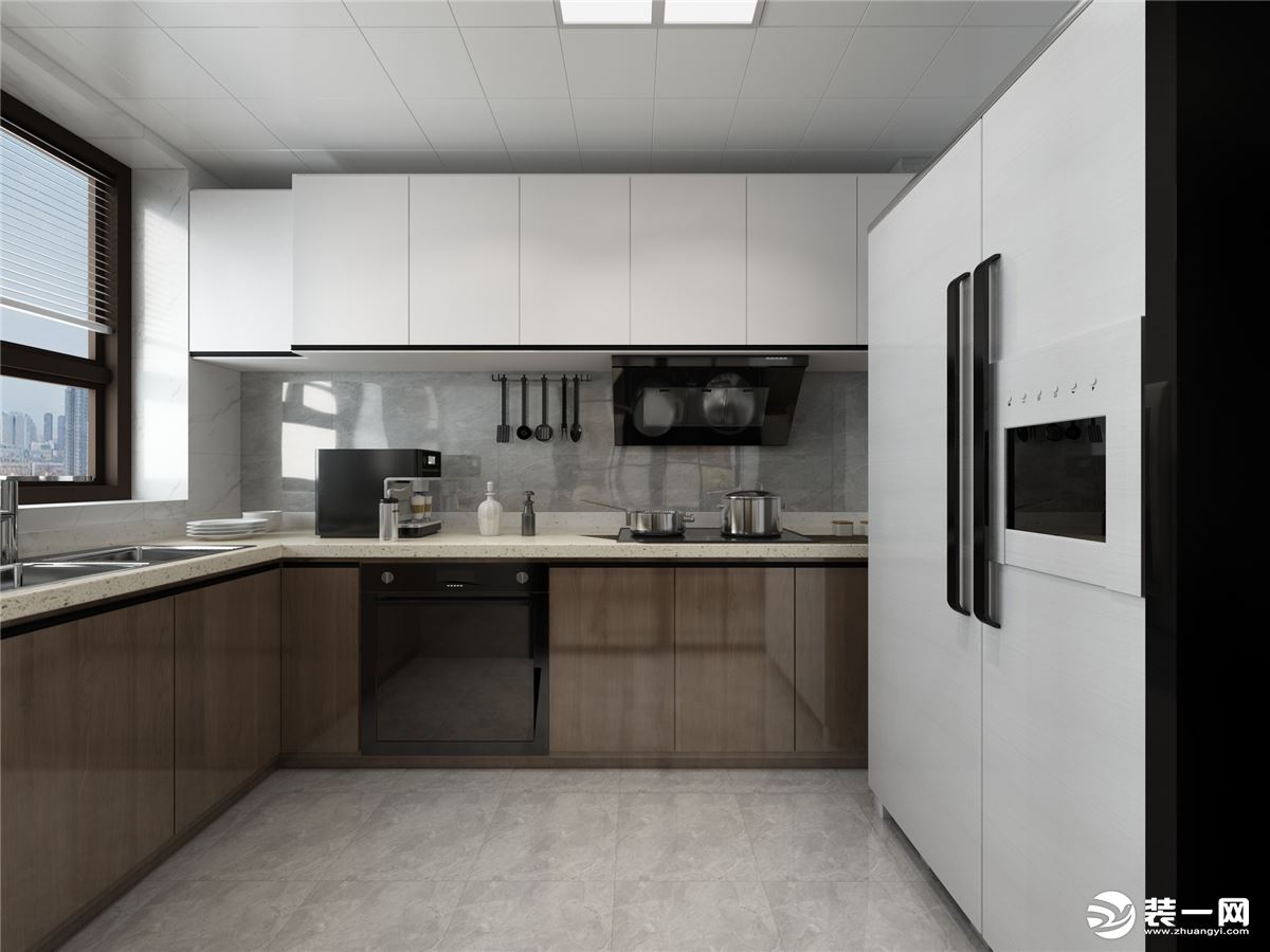 厨房考虑到实用性，把厨房橱柜做了最大化的设计，厨房瓷砖采用了灰色系石材文路的瓷砖。