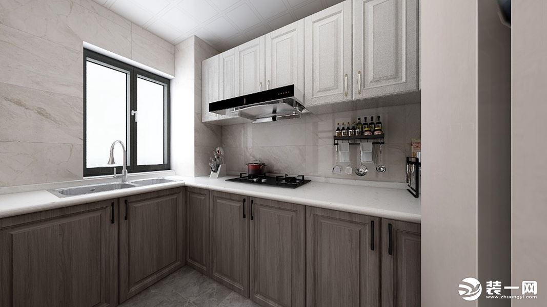 厨房墙面以暖色系瓷砖，搭配白色与深色橱柜，以色彩的变化增加空间的层次感，打造自然、雅致的家居感觉。