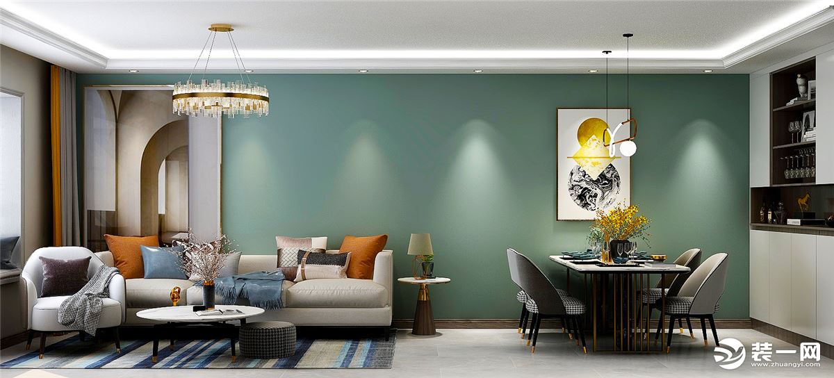 客厅背景墙采用绿色的乳胶漆造型，让空间显得质感丰富。