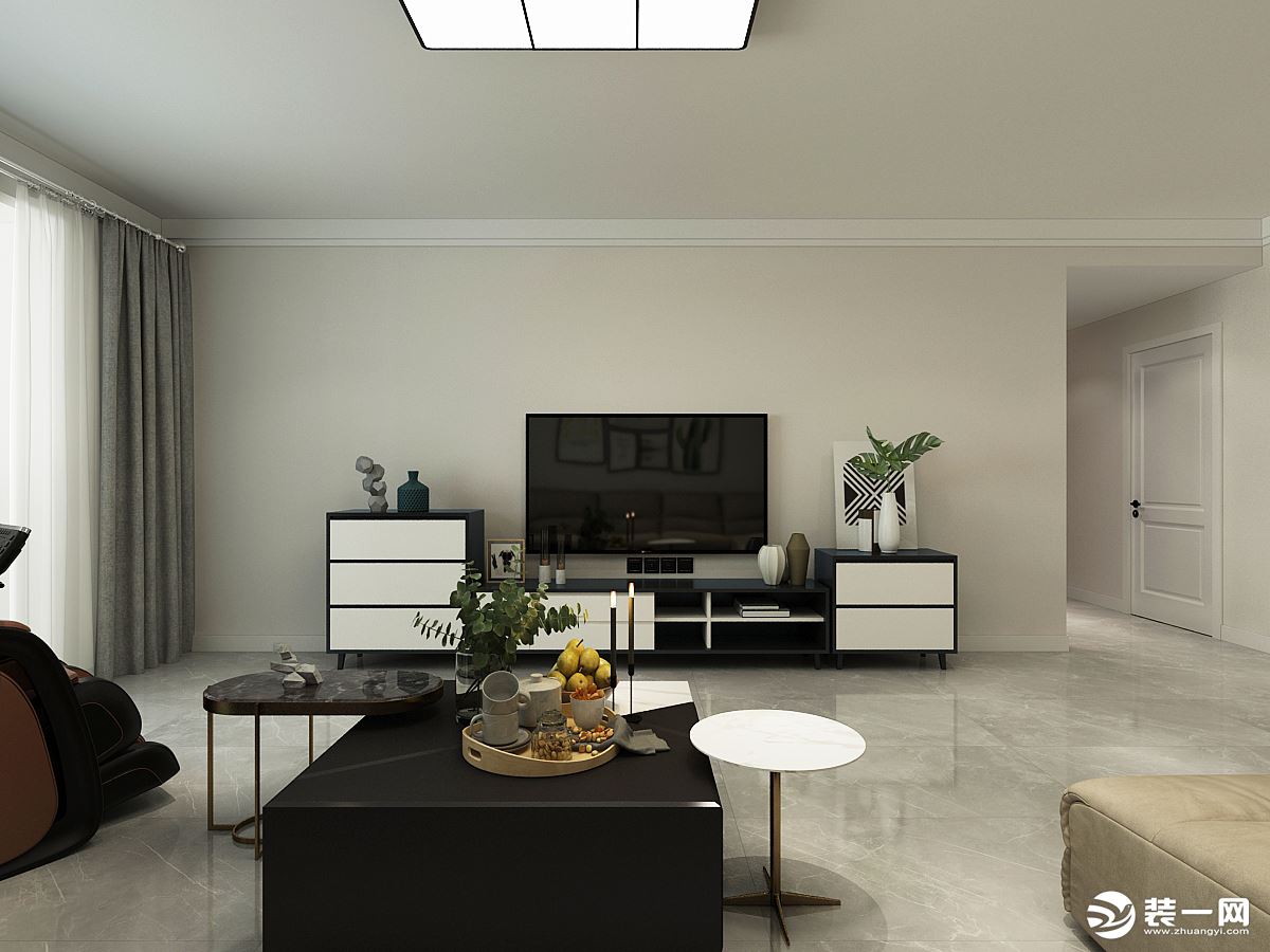 客厅没有多余的造型，整体黑白灰色的搭配，偏杏色的乳胶漆颜色造型给空间增加明亮感。