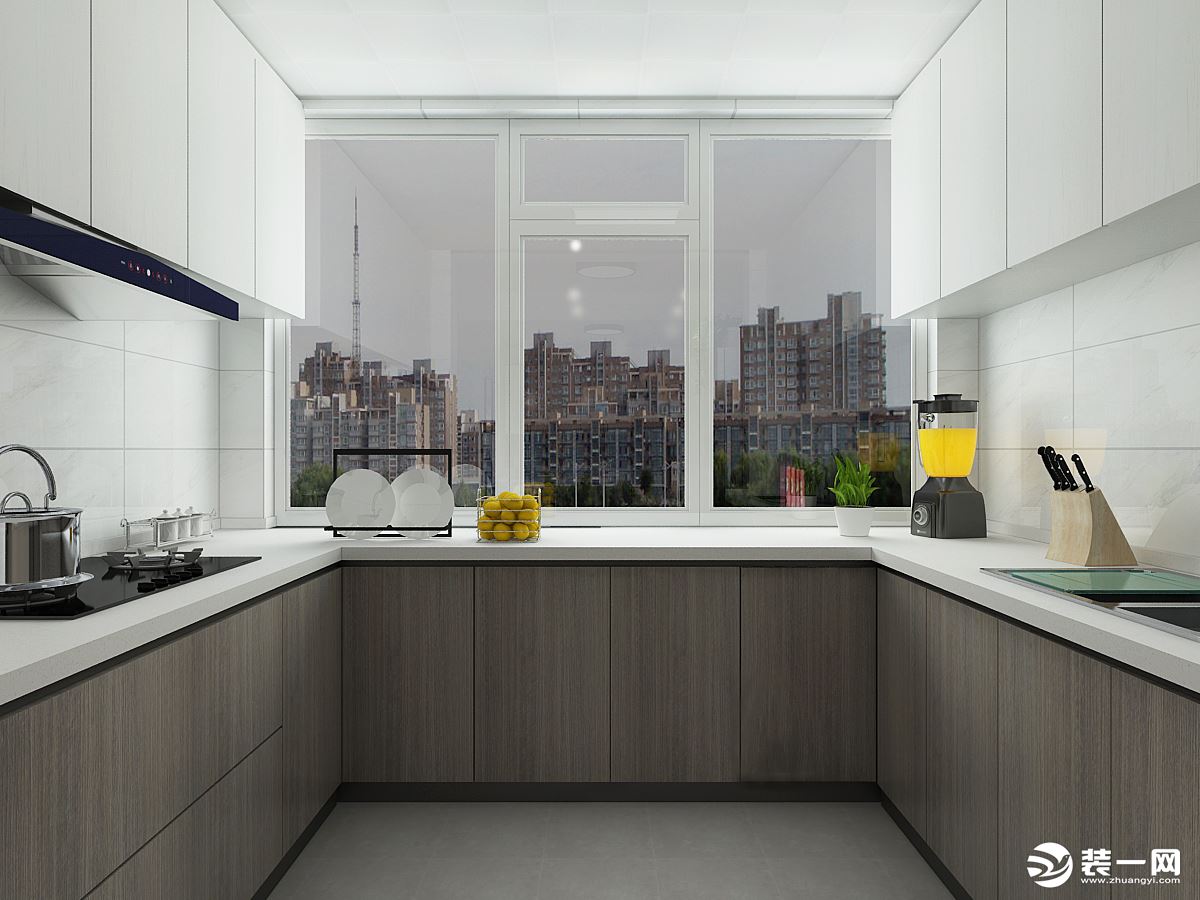 冰箱放在外面，设计U字形橱柜，增大厨房的空间利用率，满足各种电器的使用。