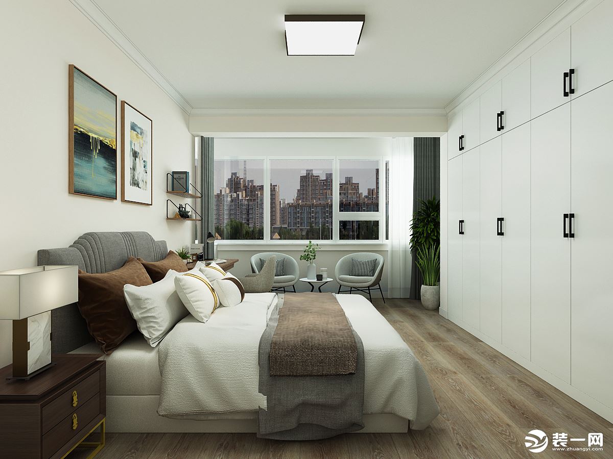 卧室阳台打通了与卧室空间连在一起，整体空间感更大了，阳台区域打造休闲空间。