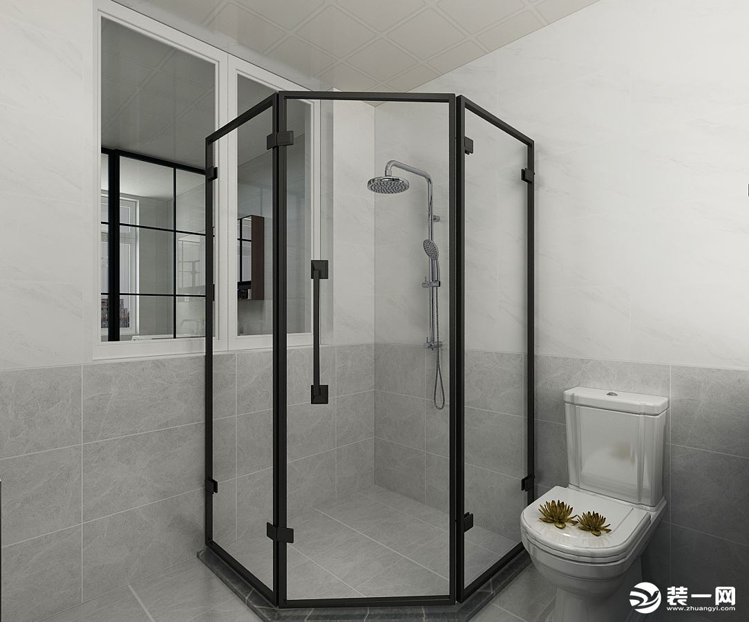 卫生间设计淋浴隔断，分区更加明确，后期地面清理起来更加方便，墙面砖采用上下墙砖分色的设计，增加空间感