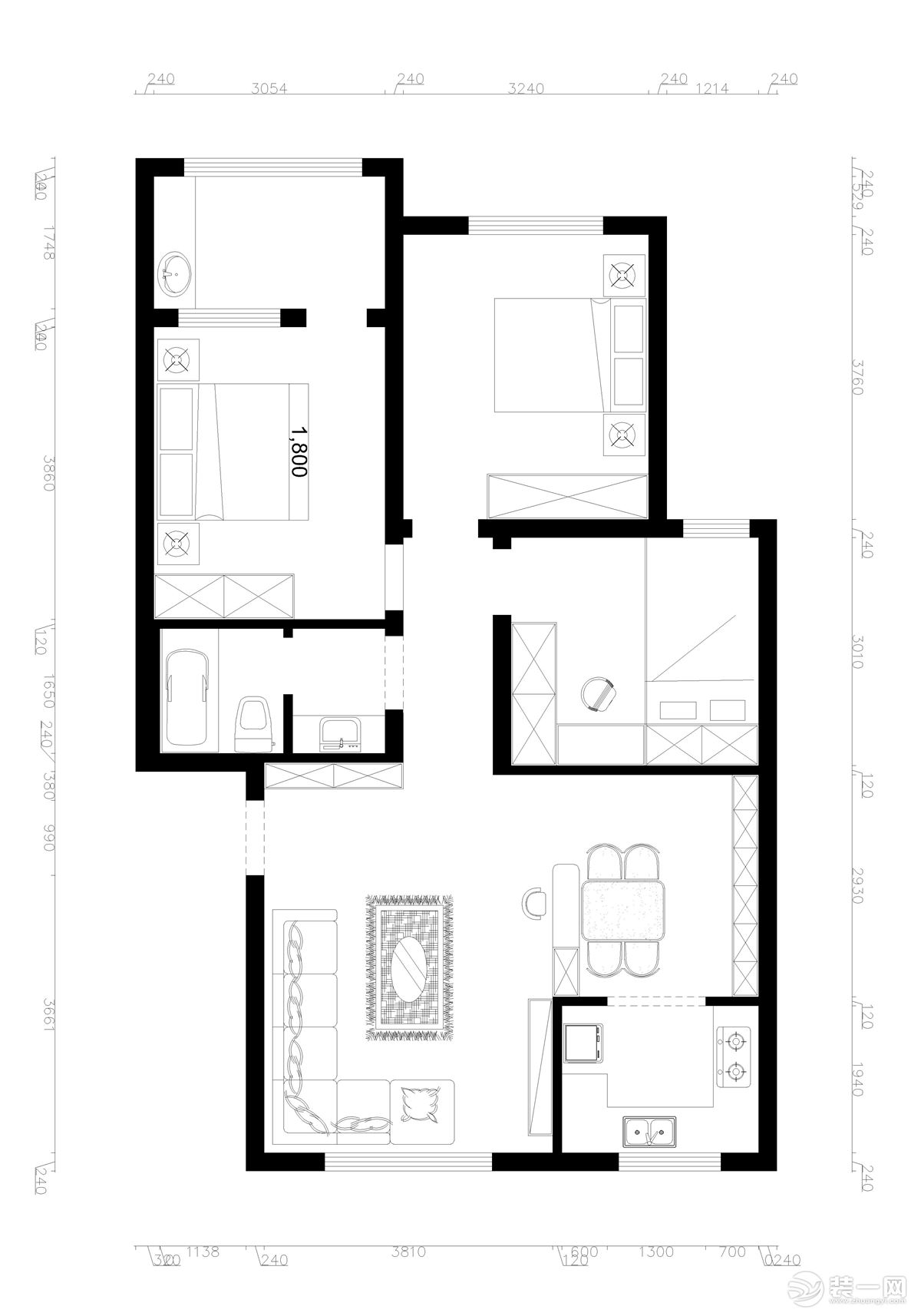 三室两厅一厨一卫的平面户型方案