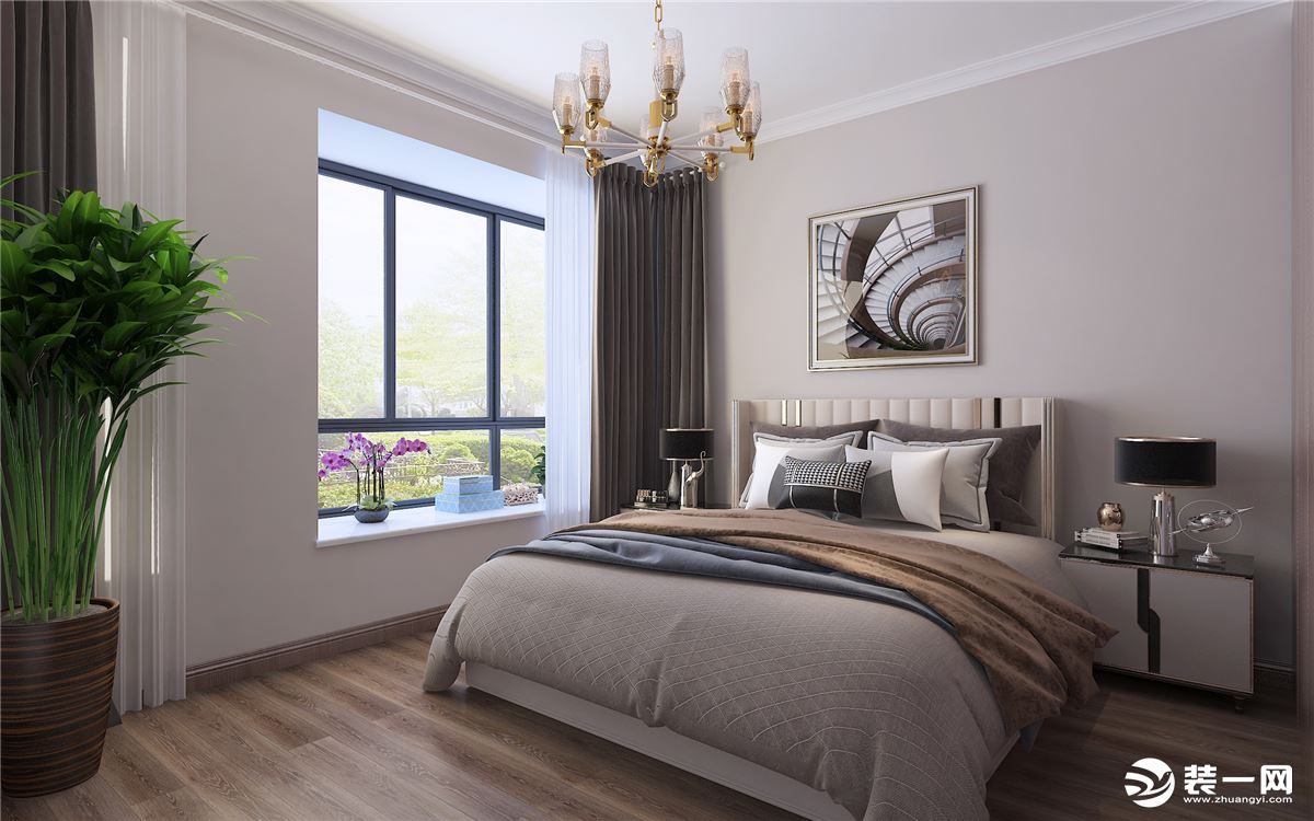 木纹的大衣柜也和整体风格更加协调，卧室的整体色调与客厅的色调相呼应起来，使卧室给人感觉舒适而简约。