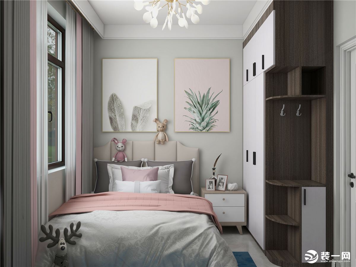 次卧采用灰色的搭配，白色调的衣柜造型提高空间亮度，背景墙的挂画和软装的粉色搭配形成呼应。