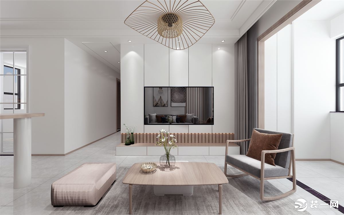 客厅空间不是特别大，为了保证空间视觉感，采用色彩错位和对比，拉伸空间的层次。