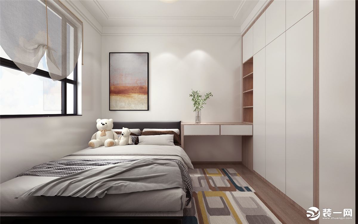 棕色皮质的床、灰色的木地板搭配拼色设计的衣柜，沉稳大气，局部以橙色作为空间的亮色，增添一丝活泼感。