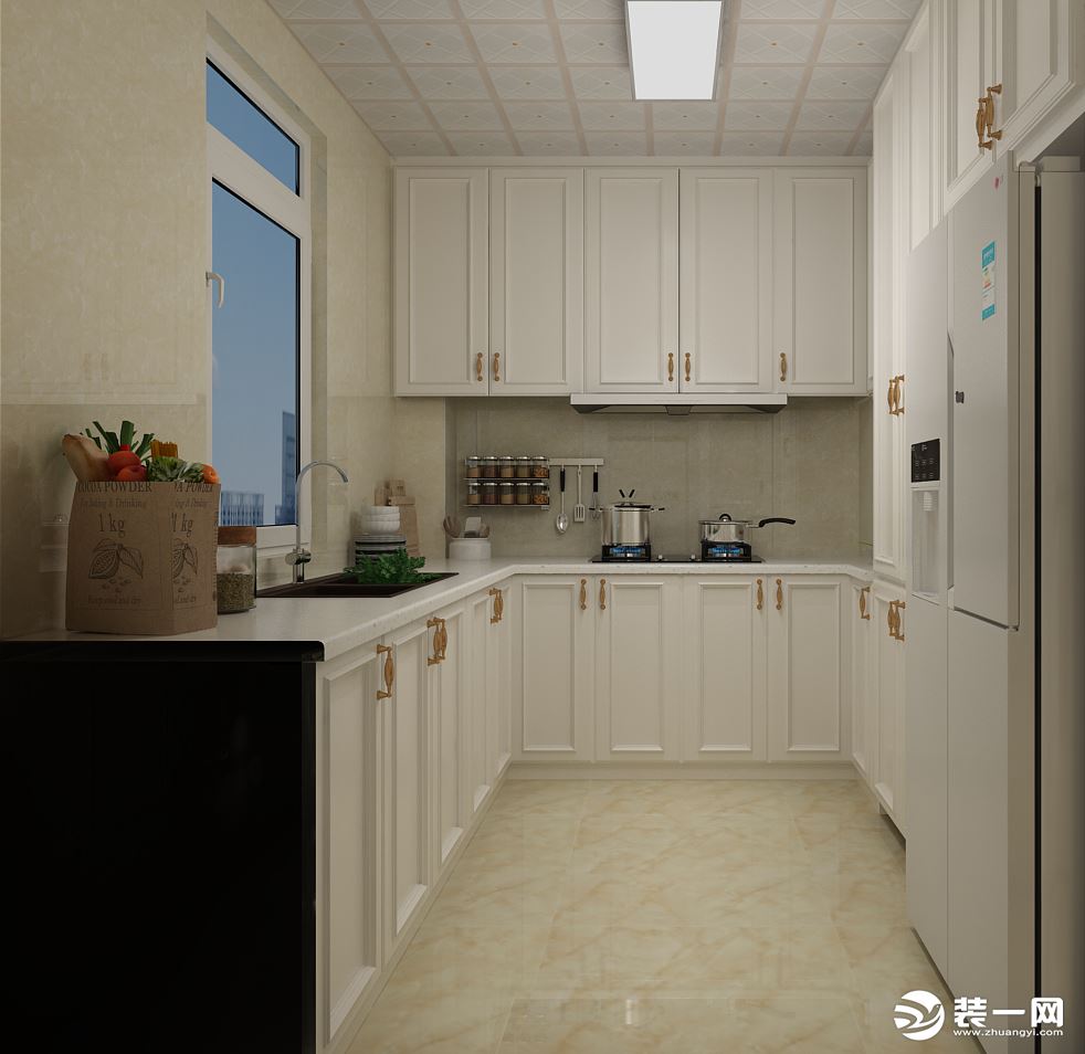 选择了欧派的整体厨房，吸塑门板造型，白色门板搭配暖黄色墙砖，是使空间更加明亮通透。