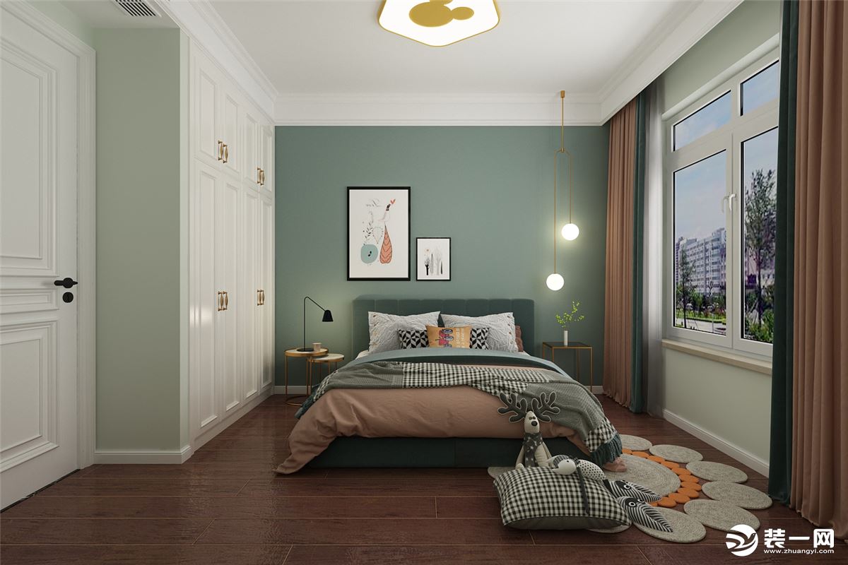 南次卧是给大儿子居住的，他比较喜欢绿色，所以床头背景墙一面墙粉刷了深绿色乳胶漆，其余设计浅绿色色调。
