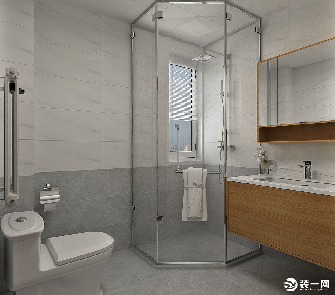墙砖采用浅灰色墙砖与白砖想结合的铺贴方式，视觉冲击力效果更强，搭配黑色淋浴房使空间更加时尚大气。