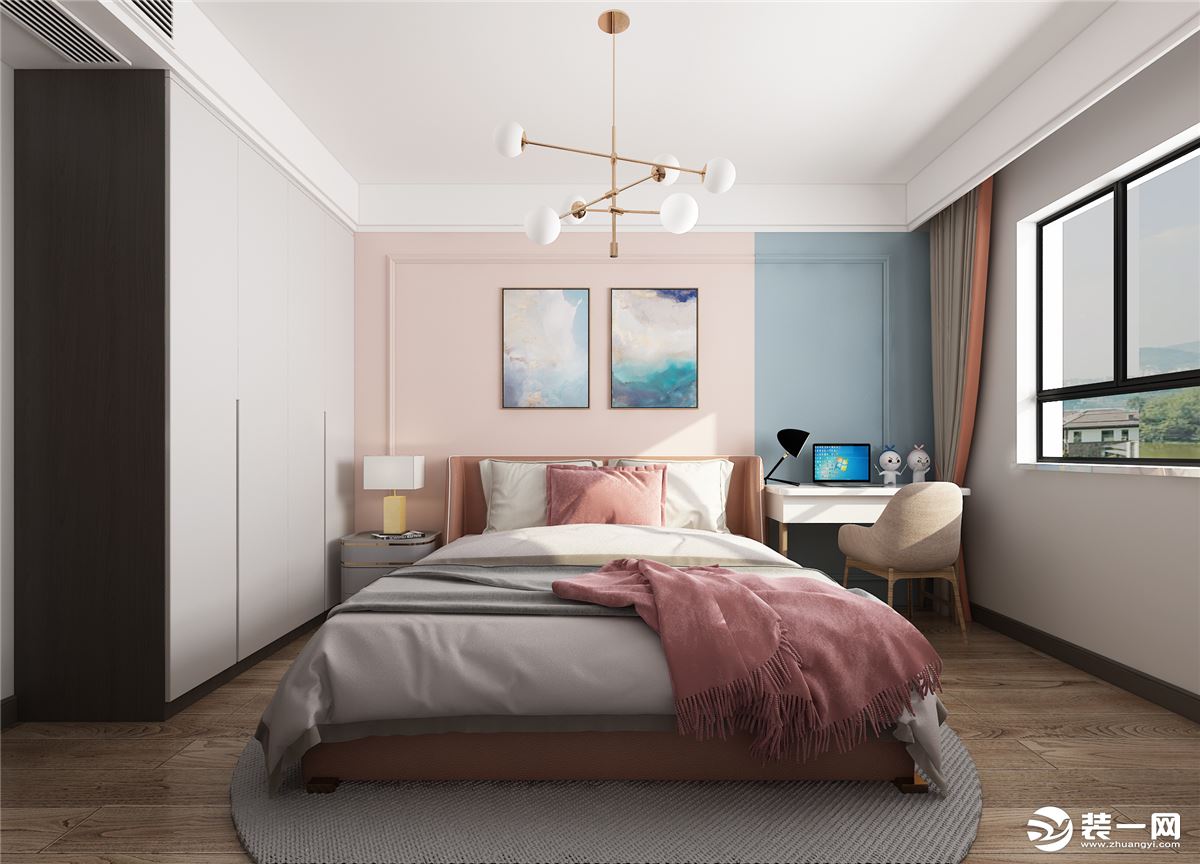 卧室背景墙采用浅粉加浅蓝色调，给人一种活泼的氛围