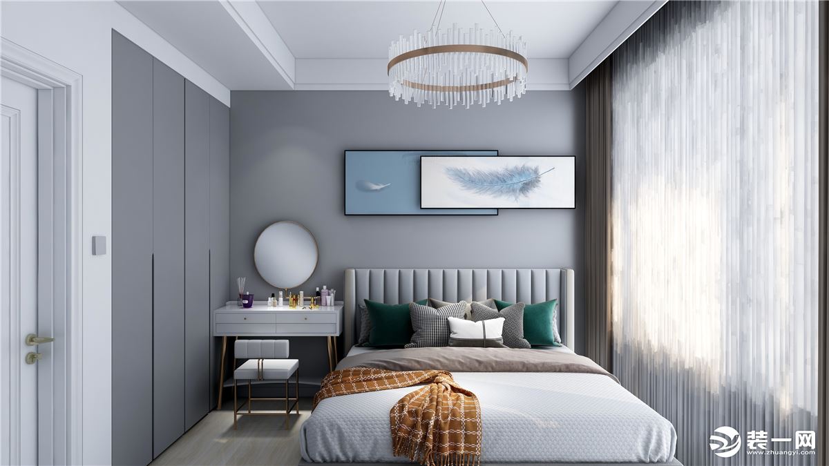 主卧室采用灰色调乳胶漆，给人一种安静、舒适的氛围，也是休息的最佳场所。