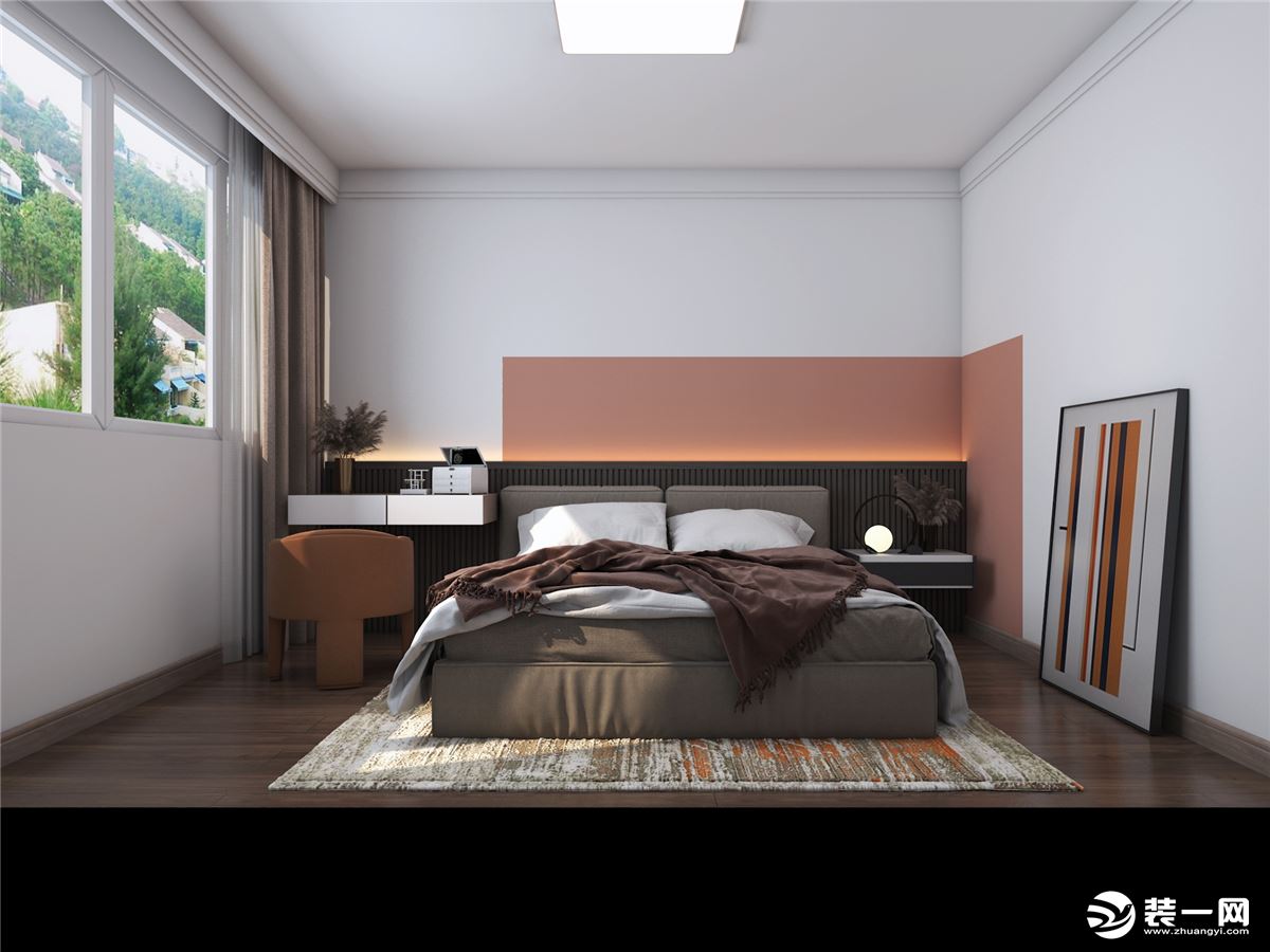 主卧室床头背景墙采用白蓝色调，增加一些现代元素又不跳跃，木地板的搭配增加了质感。