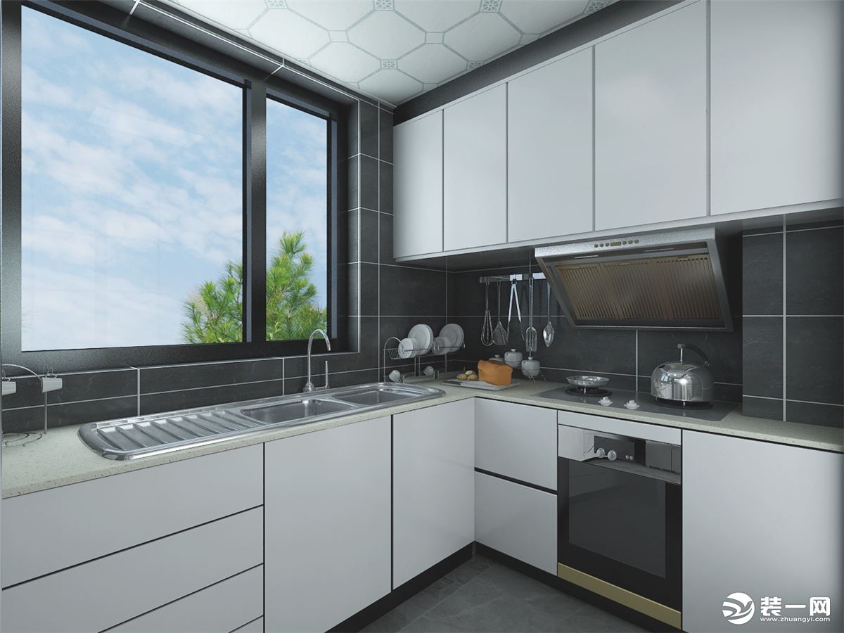 厨房设计成U字型的，窗户位置采光、通风都不错，采用白色柜体对空间做了层次区分。