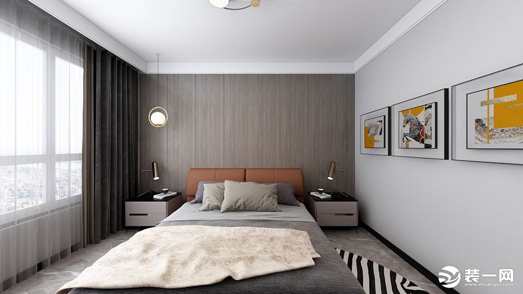 卧采用了现代黑白灰的感觉，客户比较喜欢个性一些的东西，主卧背景墙采用了护墙板的形式，整体非常有质感！