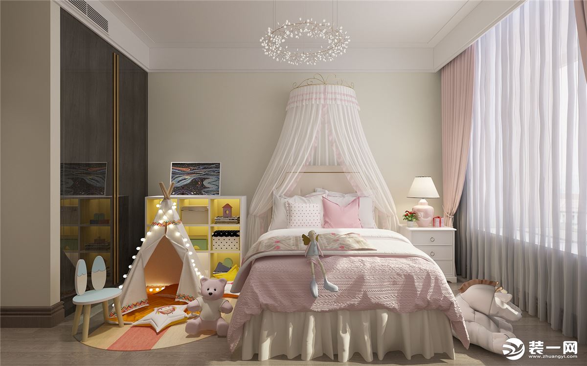 女孩房房墙体设计了清新的暖色墙体，粉色为基调，布置童趣家具，少女心满满。
