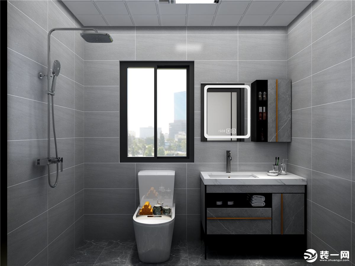 卫生间选用客户喜欢的高级灰 浴室柜颜色也是搭配整个空间定制而成 家居美图 装一网效果图