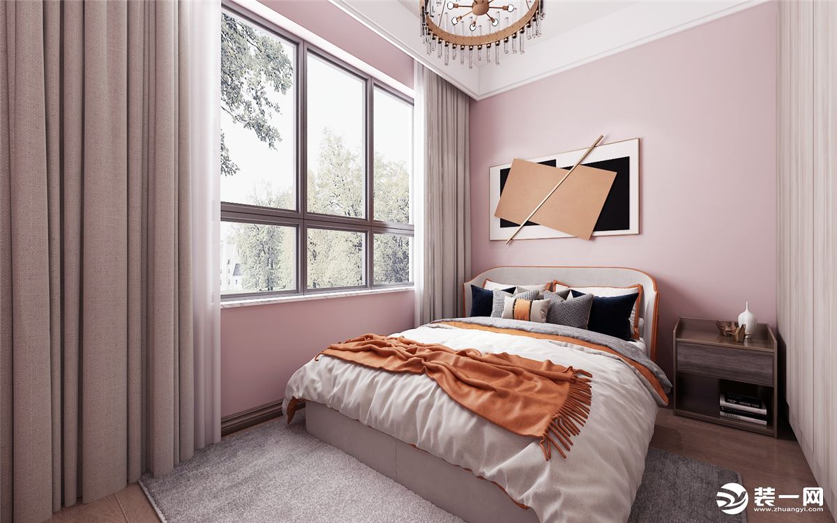 背景墙采用粉色调，搭配软装的橙色，让空间呈现活泼的氛围，原木深色的衣柜稍微降了一下色调，不那么跳脱。