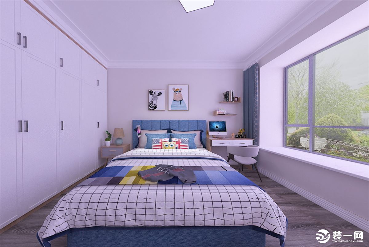 主卧室带飘窗，设计亮面窗台石既有美感，又显得空间亮堂，纯色的大衣柜也和整体风格更加协调。