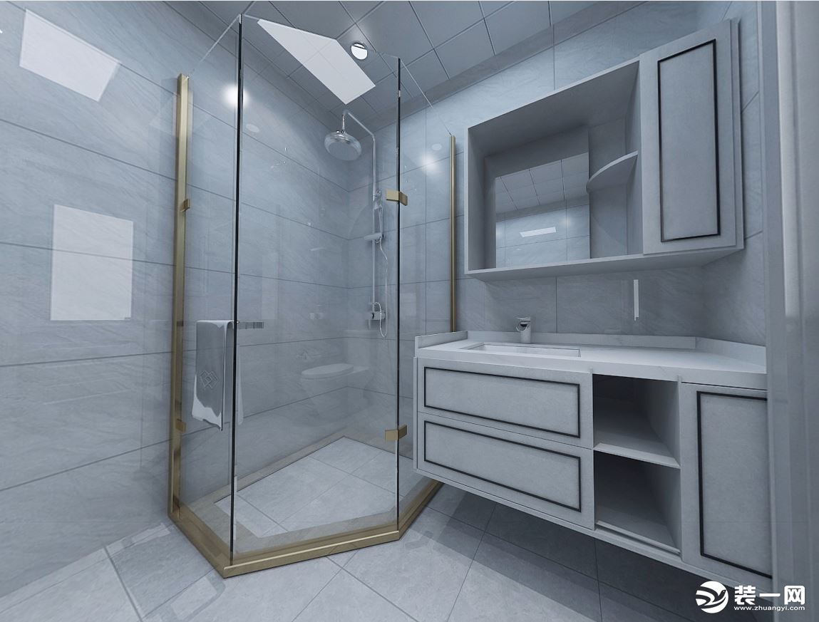 卫生间采用推拉式镜柜，增加了空间储物能力，空间为干湿分离的方式，湿区使用透明玻璃，整个空间更加宽敞。
