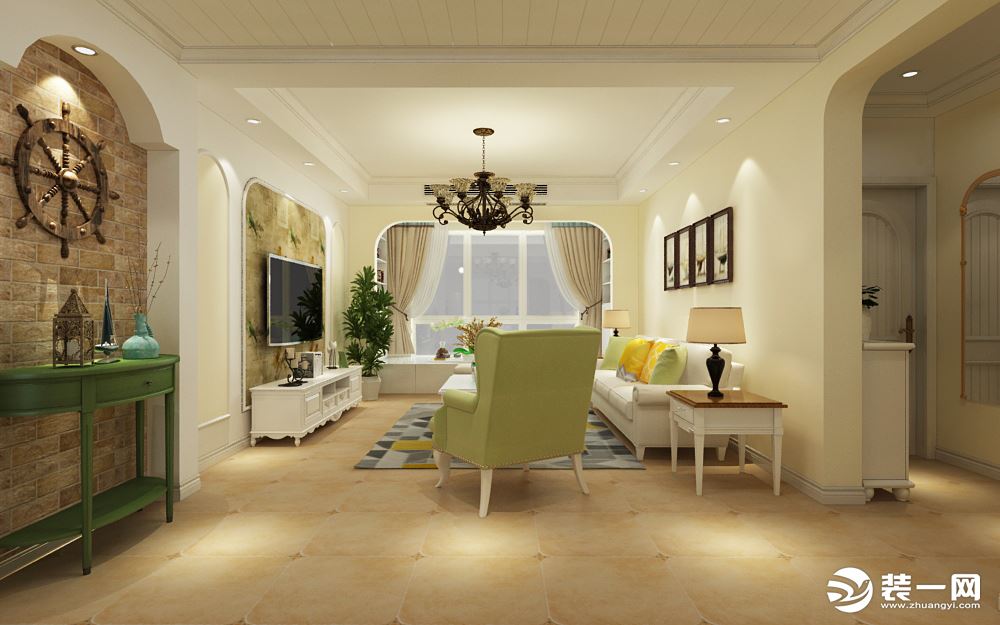 空间主色调以暖色为主，营造温馨的空间氛围，白色的家饰搭配的那一抹黄绿色，让整个空间又多了几分小清新。