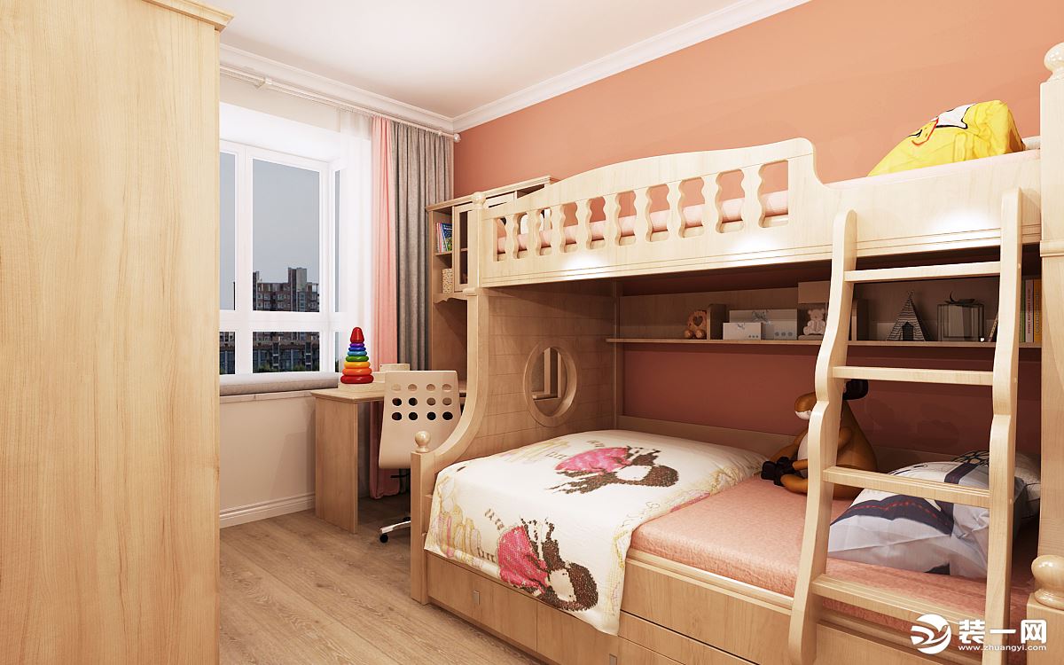 儿童房砖红色的背景墙和柔和的黄色层次分明，更加凸显个性，高低床的设计满足了小公主的童趣之心。