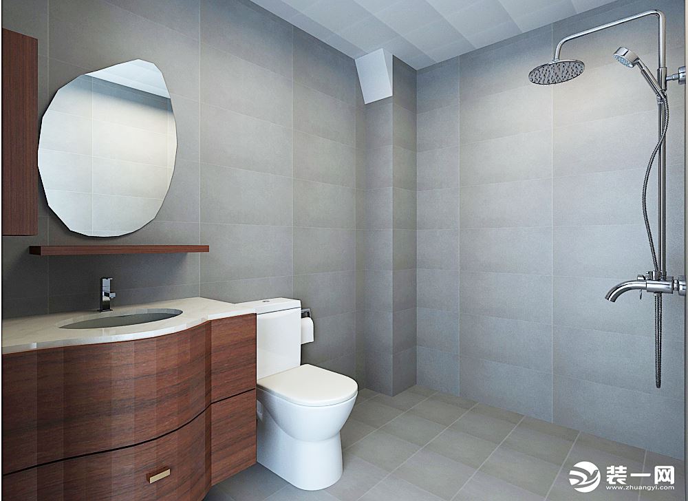 卫生间墙地砖用的灰色哑光风格砖，更加大气一些，相对于仿古砖也更加好清理，椭圆形的浴室镜为空间增加乐趣