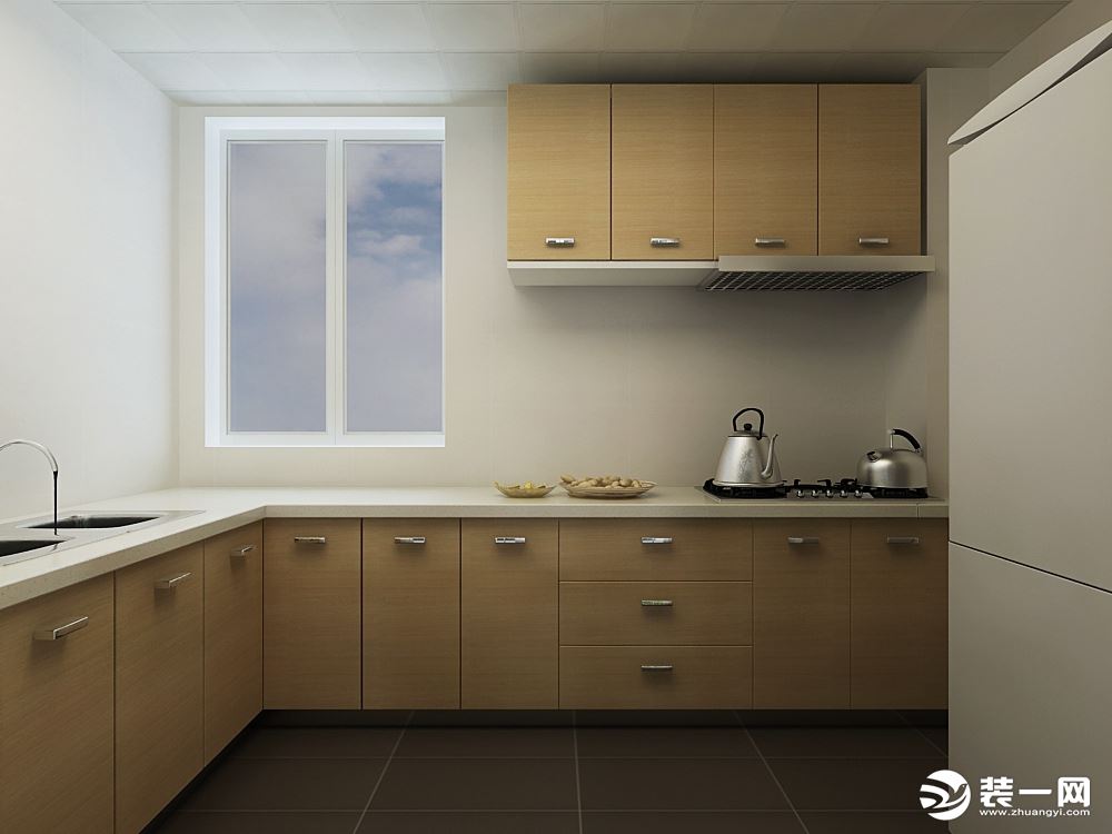 厨房采用浅色系哑光墙砖，搭配原木色橱柜，整体会更有质感，更加温馨，地面选用深色地砖，增加厨房的耐脏性
