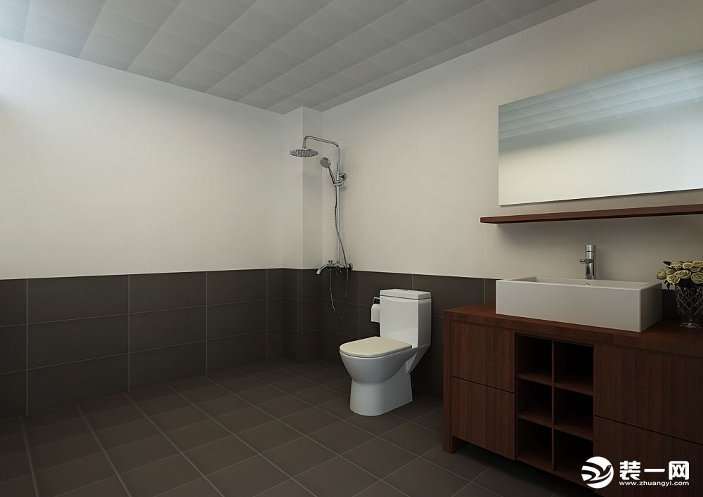 卫生间采用的是上下墙砖深浅色搭配的设计，增加空间的层次感，搭配的是深色木纹的浴室柜，给人高大上感觉。