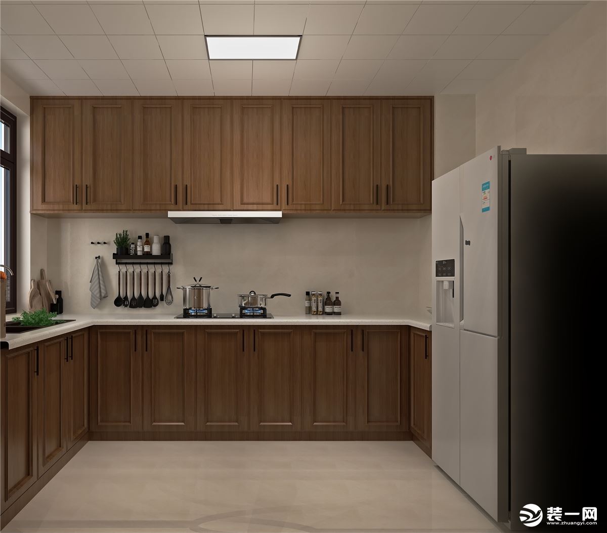 选择了欧派的整体厨房，地柜吊柜都选用胡桃木色板，与客餐厅的色调进行呼应，使空间在设计上更加统一。